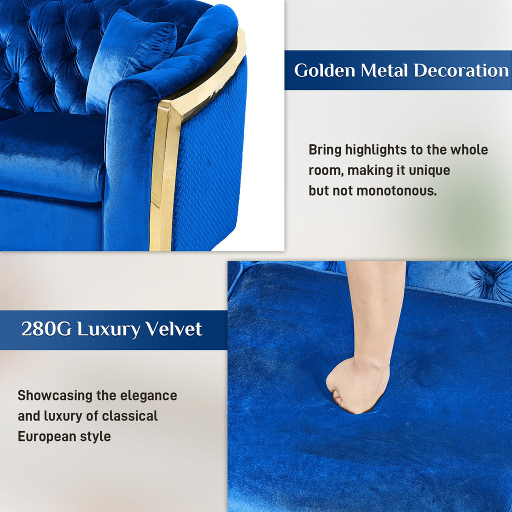 Chesterfield Loveseat and Sofa Set, Luxury Tufted Gold Couch, Blue