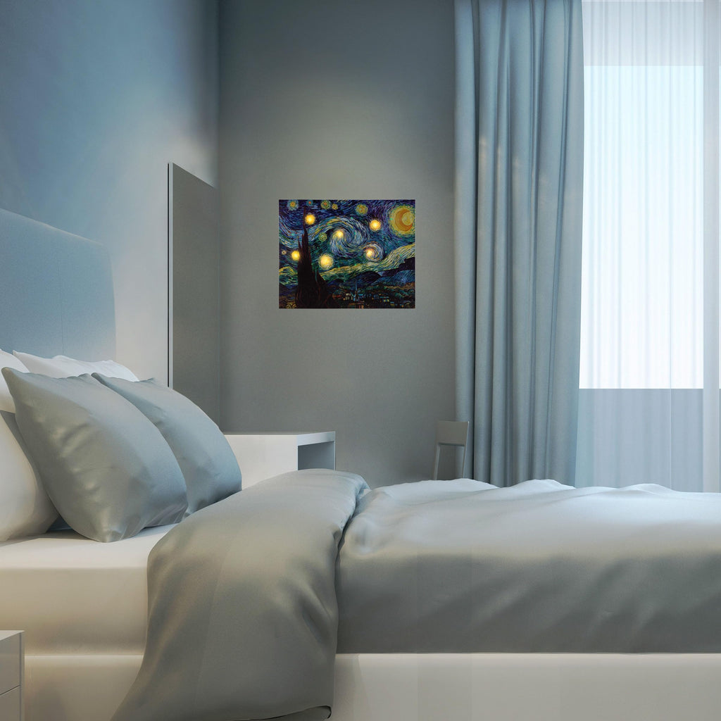 Van Gogh Wall Art Set - Lighted Canvas Starry Night Print with Timer Fiber Optic Lights and LED Flameless Candle