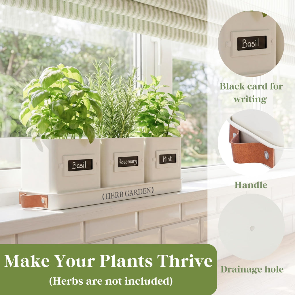 Indoor Herb Garden, Herb Planter Set with Tray, Farmhouse Indoor Plant Pots, Windowsill Herb Garden with