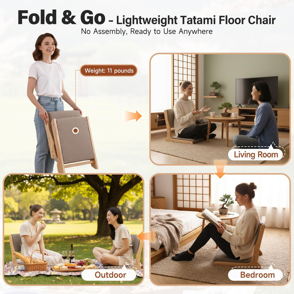 2-Pack Foldable Meditation Floor Chairs with Back Support, Wood Grey