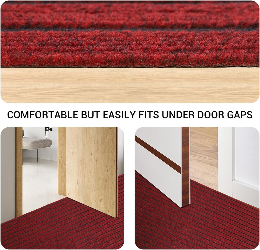 Stripe Runner Rug 2 x 6 ft Indoor Outdoor, Burgundy Non Slip Rubber Backing, Waterproof Low Profile Area Runner