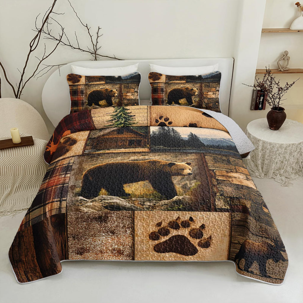 Rustic Brown Bear Quilts Bedding 3Pcs Wild Animal Deer Quilt Bed Set