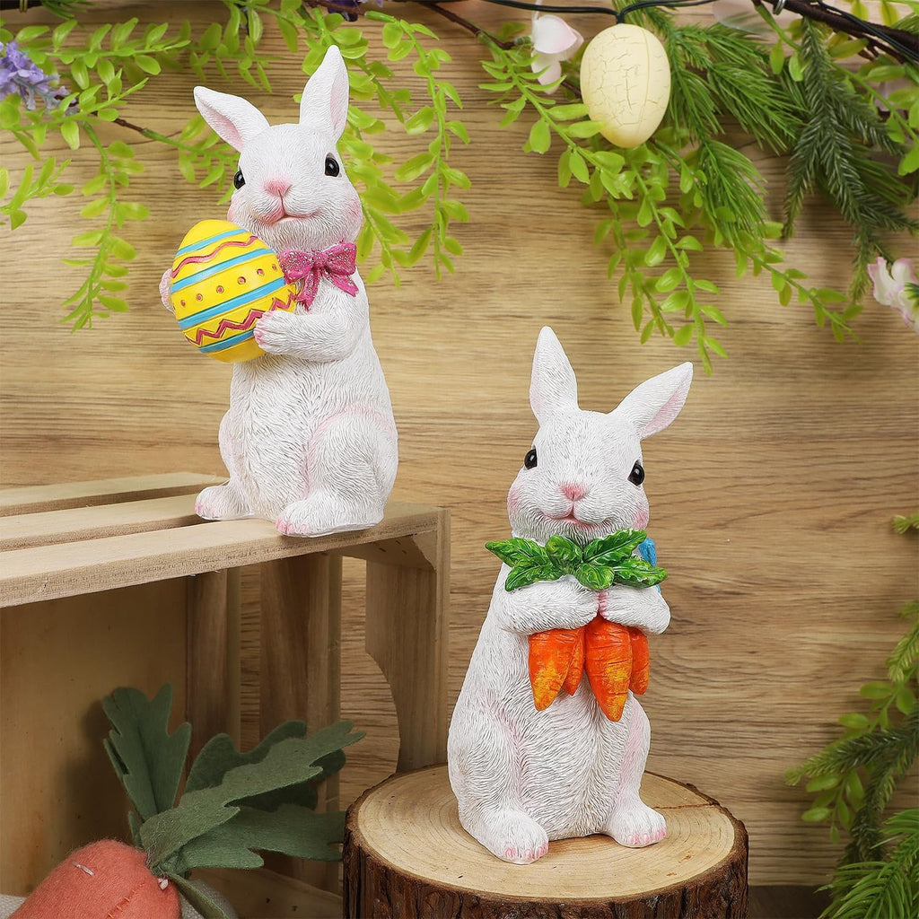Easter Bunny Figurine Decor, Standing Spring Resin White Rabbit Couple Statue Tabletop Ornament, Festival - Set of 2