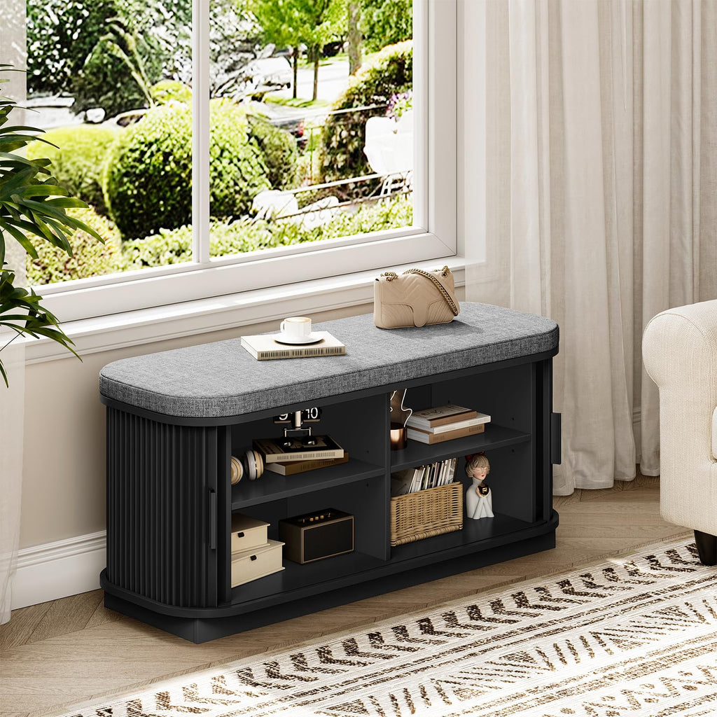 39.4" Fluted Shoe Storage Bench with Cushion and Sliding Door