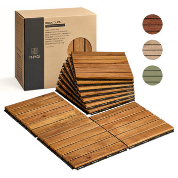 Premium Deck Tiles, Patio Flooring - Set 10 Pcs 12”x12”x0.9” Interlocking Deck Tiles, Waterproof Acacia Wood for