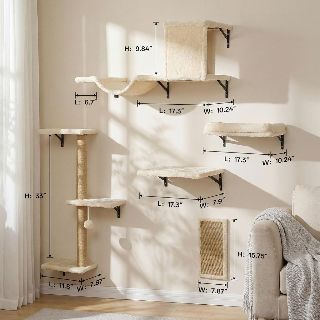 Cat Wall Shelves, 5-in-1 Cat Wall Furniture Set, Beige