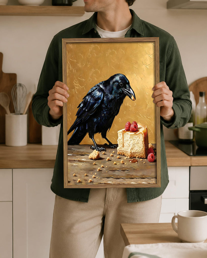 Framed Crow Halloween Wall Art, Funny Raven Wall Decor Painting Picture, Vintage Bird Dessert Canvas Print Poster