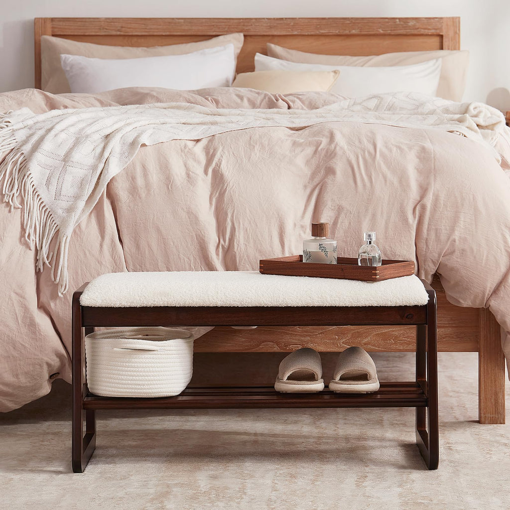 Shoe Rack Bench, 2 Tier Solid Wooden Entryway Bench(Cream White, 31.5")