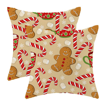 Christmas Pillow Covers 18x18 Inch Set of 2 Gingerbread Man Candy Cane Throw Pillowscase, Snowflake Xmas Holiday