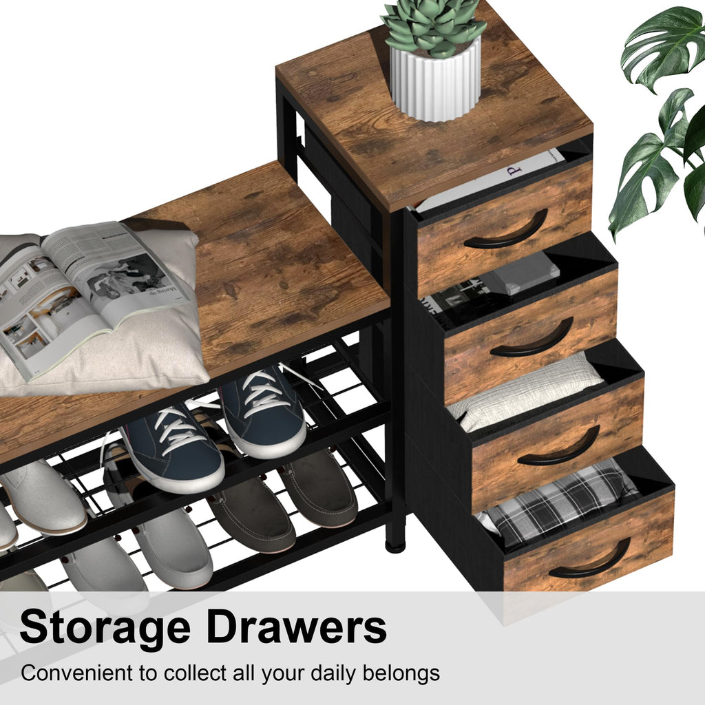 Industrial Shoe Storage Bench with 4 Drawers & Seat, Rustic Brown