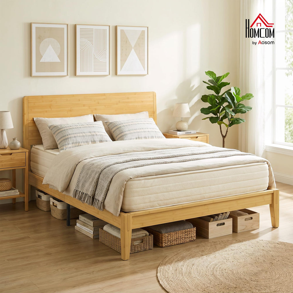 Queen Size Bamboo Platform Bed Frame with High Headboard Natural