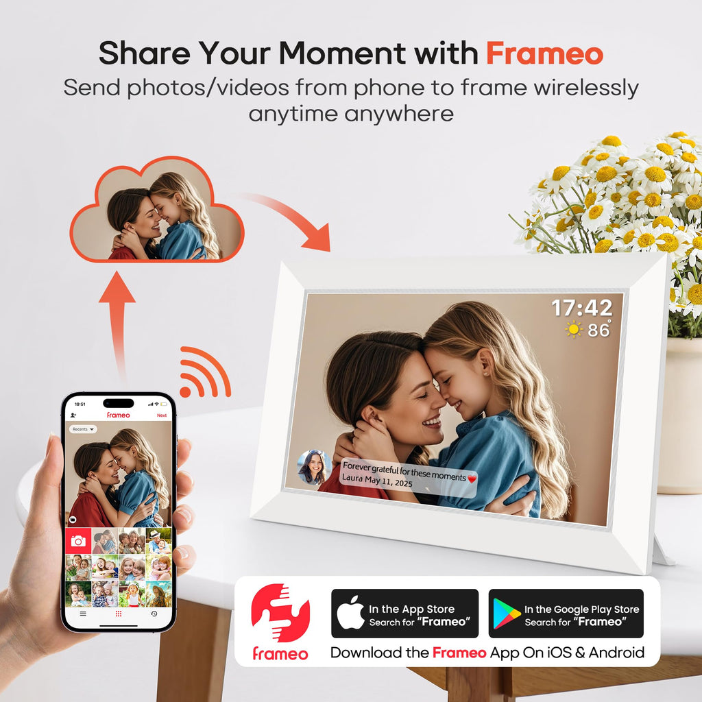 10.1 Inch WiFi Digital Photo Frame via Frameo App, 1280x800 HD IPS Touch Screen Electric Picture Frame Display, 32GB
