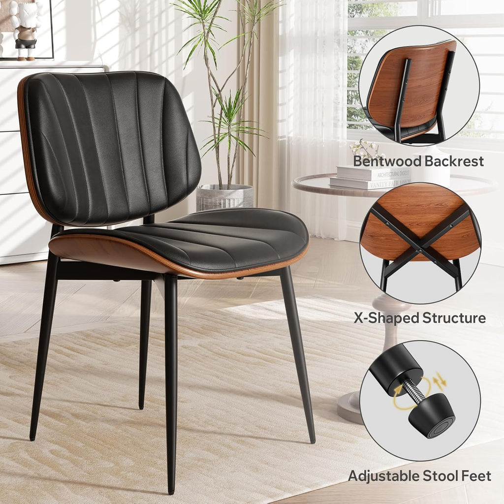 Dining Chairs Set of 2, Mid-Century Modern Upholstered Faux Leather Dining Room Chairs with Walnut Bentwood Back and Metal Legs, Black