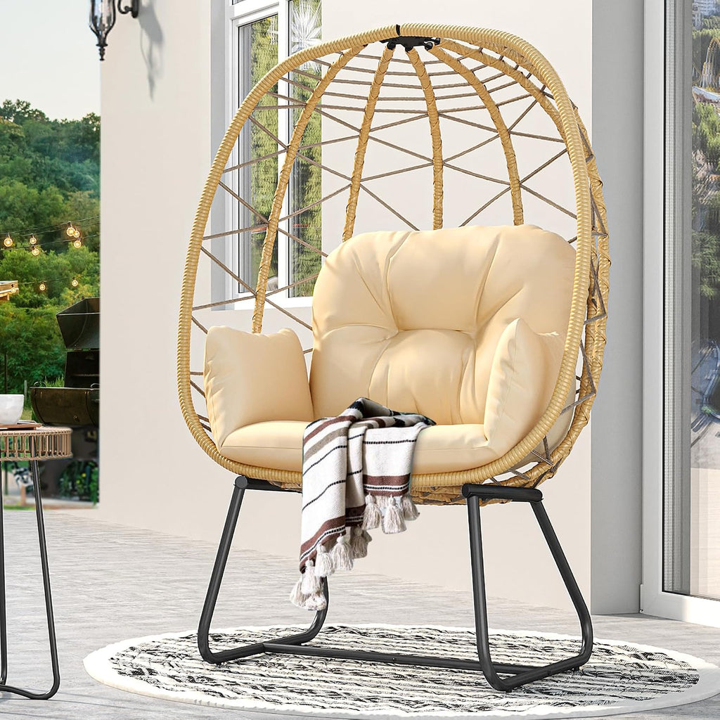 Egg Chair with Stand, Outdoor Egg Chair w/Premium PE Rattan Beige | 330lbs Egg Chair w/Weatherproof Rattan Weave &