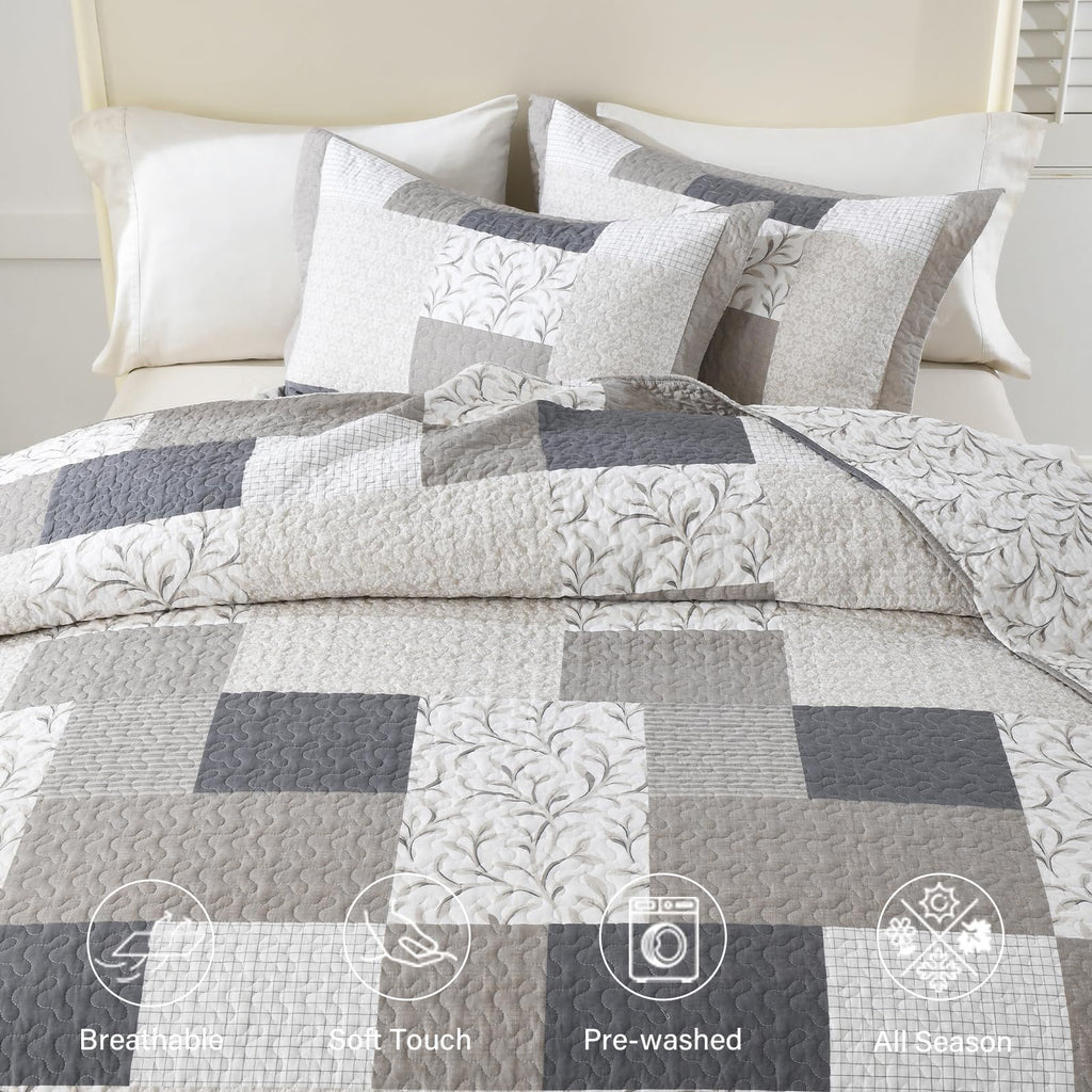 Quilt Bedding Set - 100% Cotton Quilts, Plaid Quilt, Farmhouse Botanical Quilt Sets, Lightweight