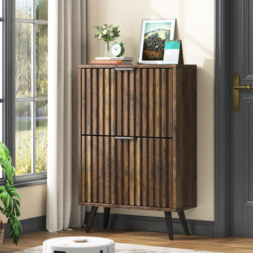 Slim Wood Shoe Cabinet with Flip Drawers, Modern Narrow Entryway Shoe Storage Organizer, Fluted 23.6" Shoe Cabinet