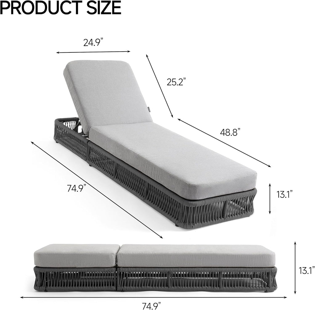 Outdoor Chaise Lounge Chair, 5-Position Adjustable Backrest, All-Weather Grey Woven Rope Recliner with 5 Inch Light