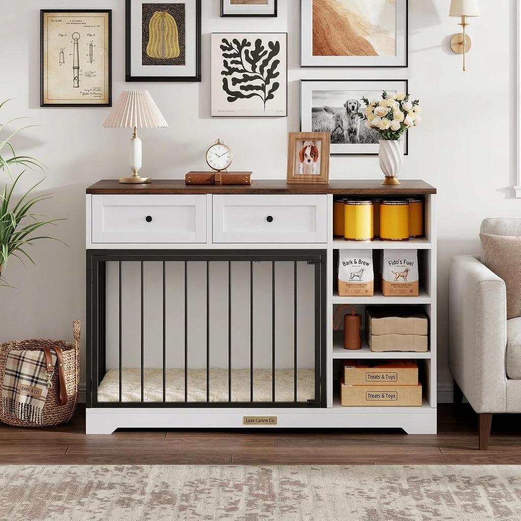 Dog Crate Furniture, Wooden Dog Crate End Table with Storage Drawers, Two-Door Dog Kennel Furniture for Small Dogs