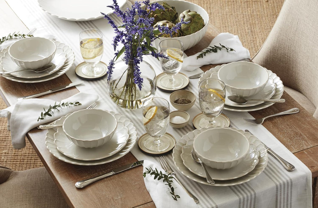 Stoneware Dinnerware Sets, French Perle Scallop White 12-Piece Dinnerware Set for 4, Service For 4