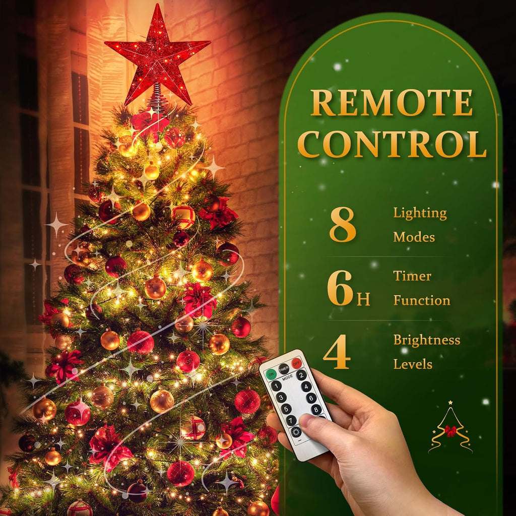 Red Christmas Tree Star Topper with Lights, 8.5-Inch Light-Up Christmas Tree Topper with Remote Control, 4 Brightness