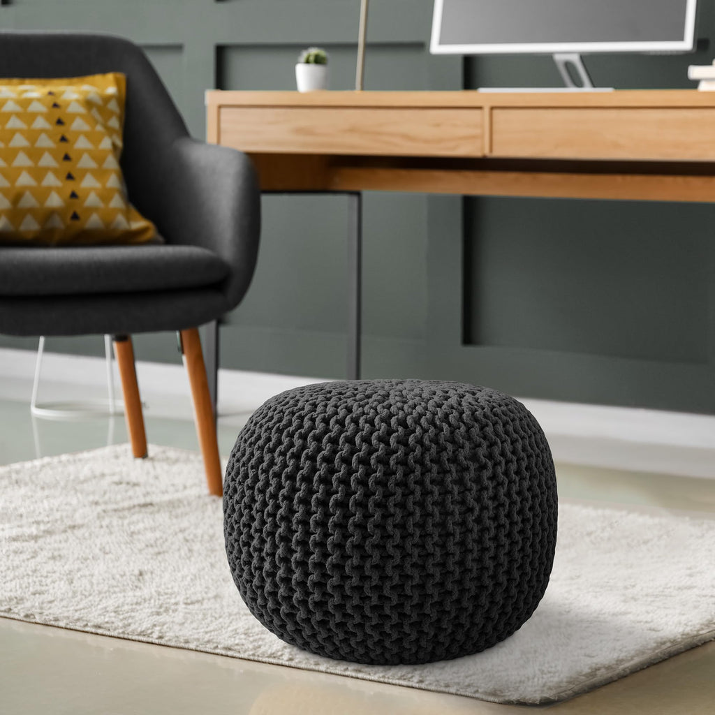 Round Pouf Ottoman, Black - 20" Diameter x 14.5" High Cotton Knit Foot Stool - Boho Floor Pouffe