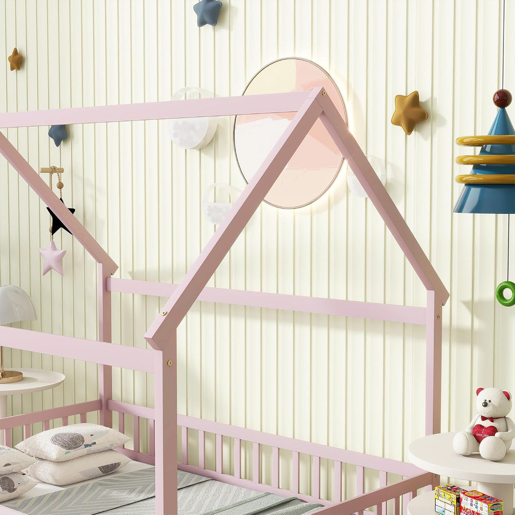 Pink House Bed, Solid Wood Montessori Floor Bed