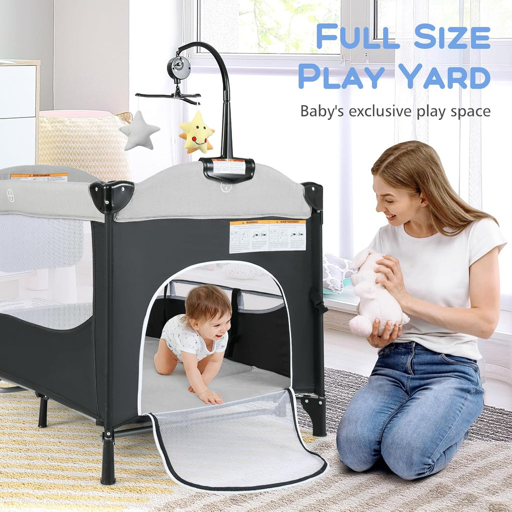 Pack and Play, 5 in 1 Baby Bedside Sleeper with Bassinet, Diaper Changer, Mattress, Carry Bag, Music Box Hanging
