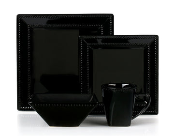 16 Piece Square Beaded Stoneware Dinnerware set by, Black