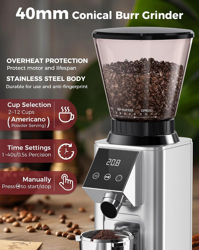 G1 Conical Burr Coffee Grinder with 48 Grind Settings, Silver | Anti-static Burr Espresso Mill, Electronic Timer and