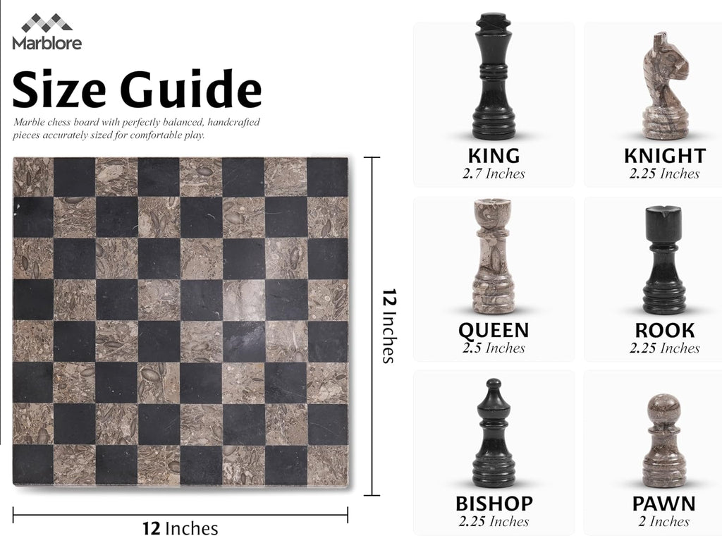 Marble Chess Set 12 Inch Oceanic and Black Luxury Decorative Chess Board Game with 32 Chess Pieces & 2 Extra Queens - Set of 34