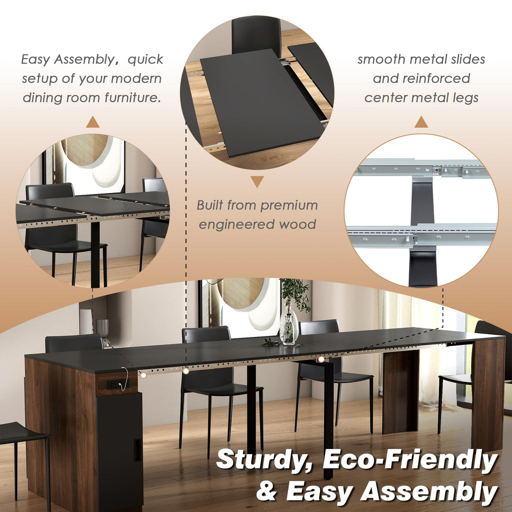 24"-118" Extendable Dining Room Table with Storage and Outlet, Walnut&Black