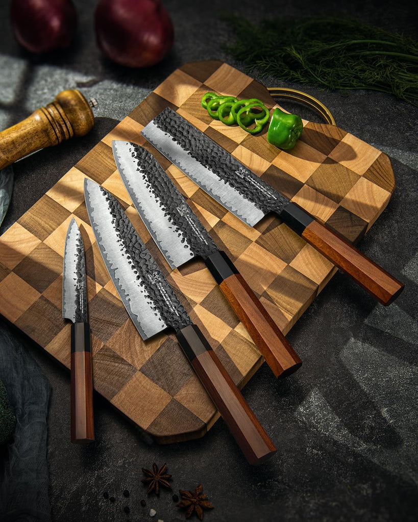 Japanese Knife Set with Block, Kitchen Knives Gift for Men & Women | Hand Forged 5-Layer 9CR18MOV Clad Steel Chef