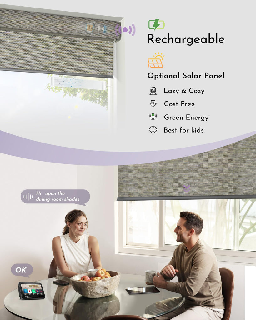 Motorized Roller Shades - Natural Woven Shades for Windows, Alexa & Google Control, Smart Blinds with Remote