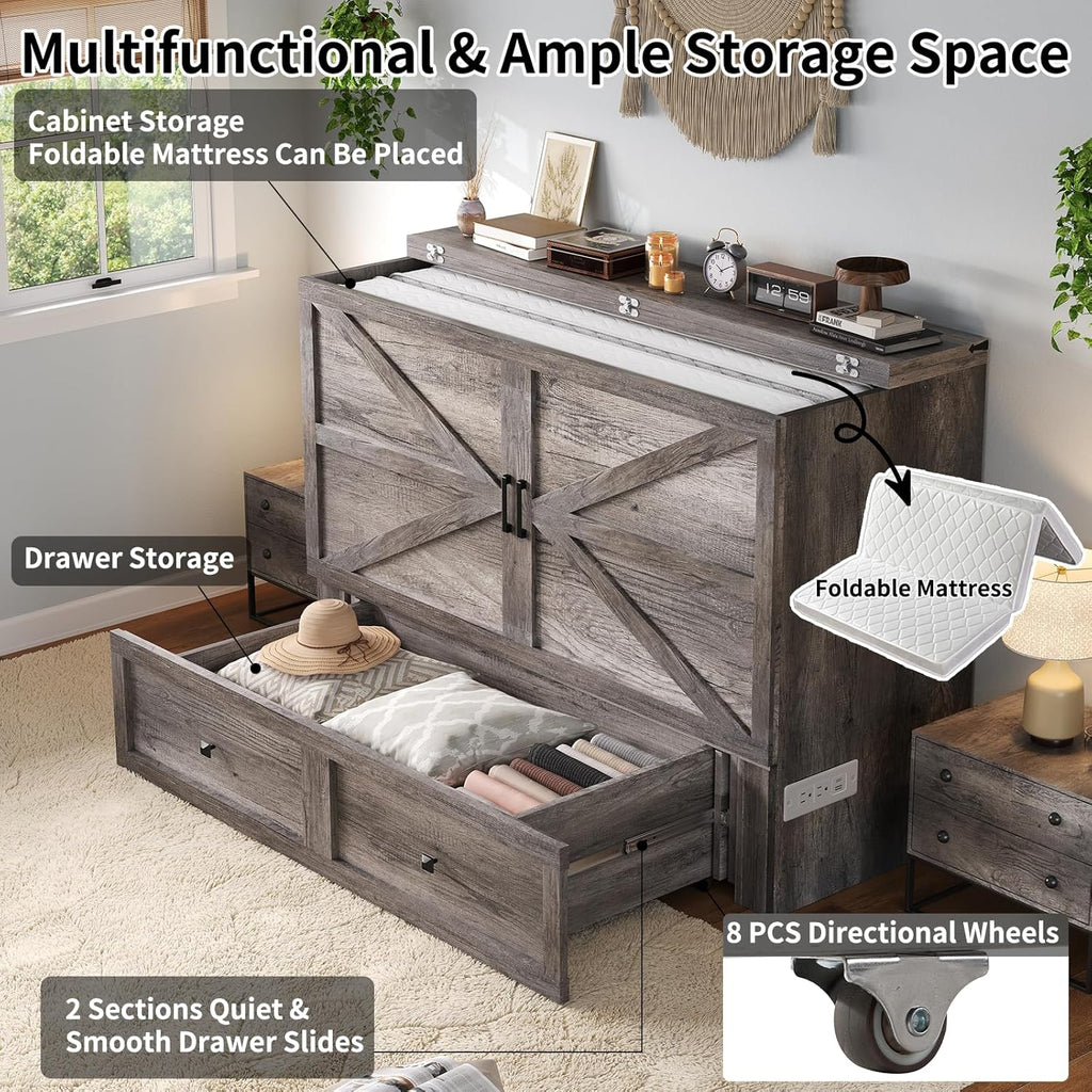 Murphy Bed Queen Cabinet Bed with Charging Station, Large Storage Drawer for Home Office or Small Room, Hideaway Bed