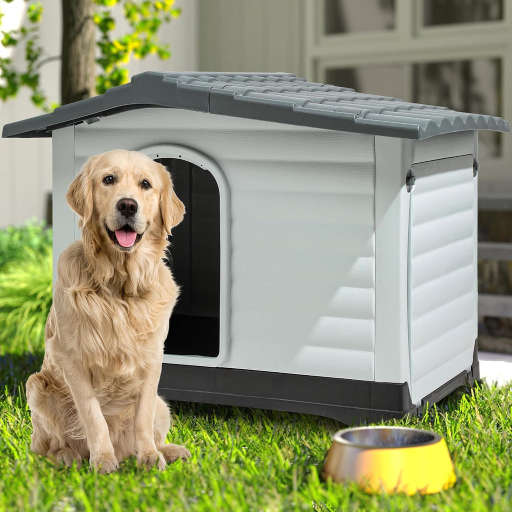2-Door Large Dog House with Elevated Base & Cushion, Weather-Resistance Dog Bed House for Indoor/Outdoor Use, Easy