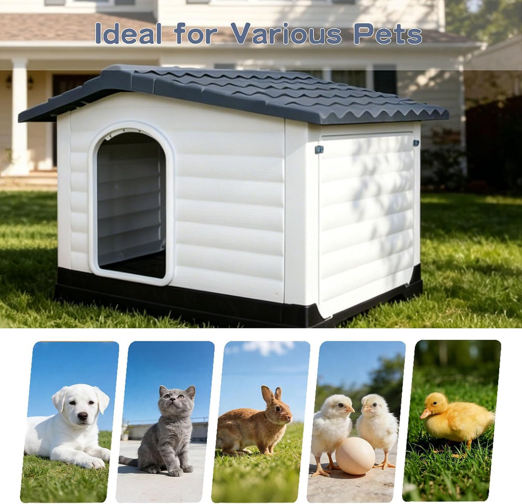Compact 2-Door Dog House with Fold-Out Porch - Elevated Waterproof Kennel - Weatherproof, Easy Assembly, for Small &