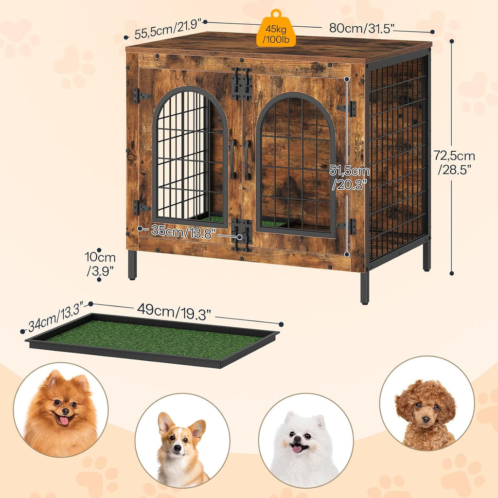Dog Crate Furniture, 31.5" Dog Kennel with Dog Grass Pad and Tray