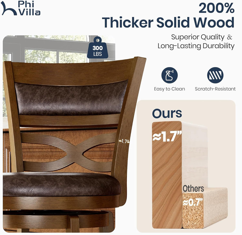 30 inch Bar Height Stools Set of 4, Swivel Bar Stools with Back, Wooden Bar Chairs Tall Faux Leather Kitchen Stools