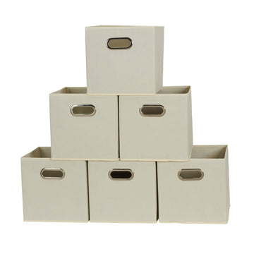 Fabric Storage Bins 6 Piece Set, Strong Poly-Woven Fabric, Sturdy Chipboard Sides, Grommet Front Handle, Stackable