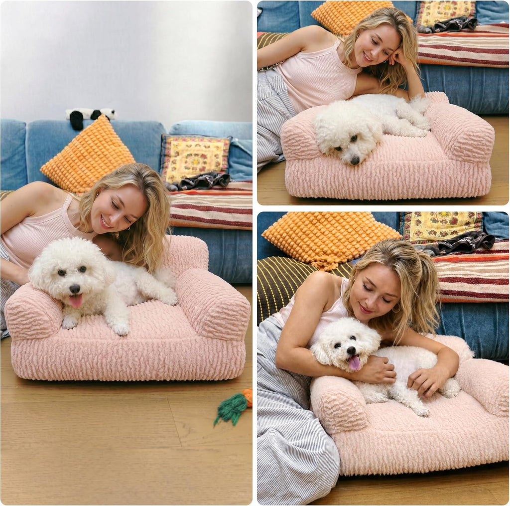 Pink Cat Couch Sofa Bed - Fluffy Orthopedic Pet Lounge for Indoor Cats, Removable Washable Cover, Supportive Kitten
