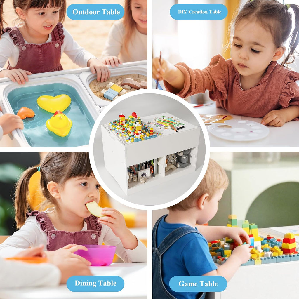 Kid Sensory Table with Storage - Activity Table with Building Block Boards & Foldable Storage Bins, Birthday Gifts