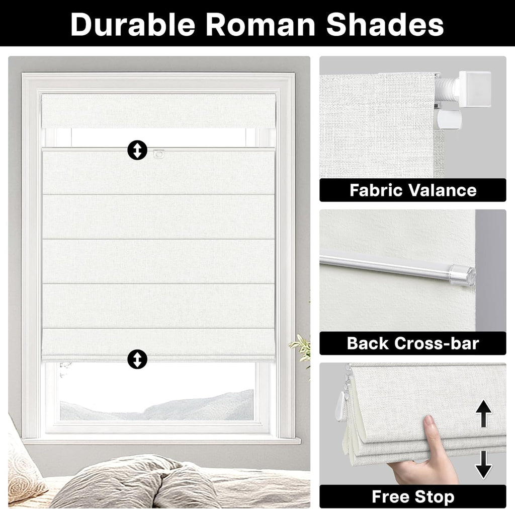 No Drill TDBU Roman Shades, Blackout - White, 34" W x 64" H | No Tools Top Down Bottom Up Cordless Fabric Blinds for