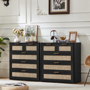 Rattan Dresser Set of 2, 33.5" Tall Chest of Drawers, Modern 5 Drawers Boho Dressers with Storage, Light Oak Dresser
