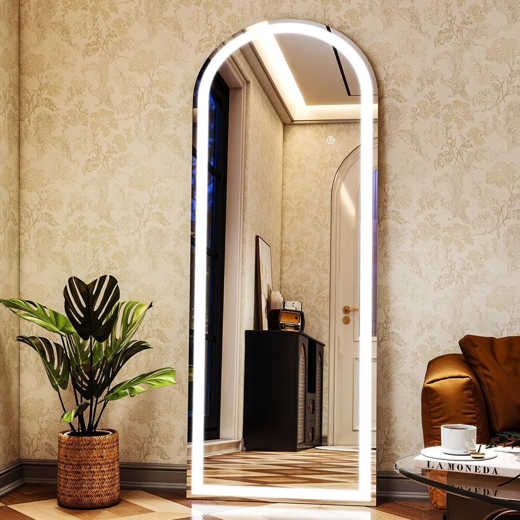 LED White Arched Full Length Mirror - 21" x 64" Adjustable Brightness, Touch Screen Controls, Wall Mounted or