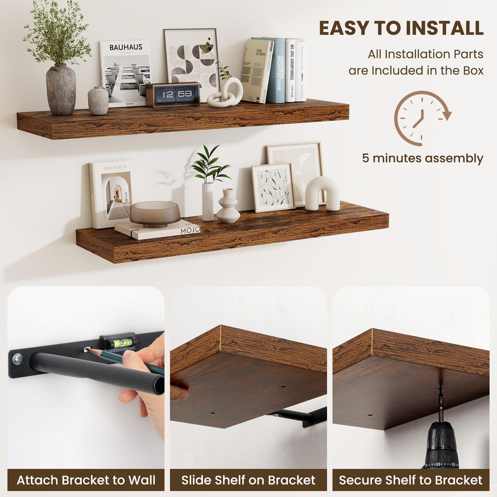 Floating Shelves Set of 3, 40 Inch Long Wooden Wall Shelves, 10 Inch Deep Wall Mounted Storage Shelf with Metal
