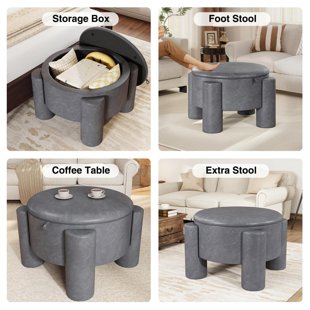 24 Inch Round Small Ottoman with Storage, Faux Leather
