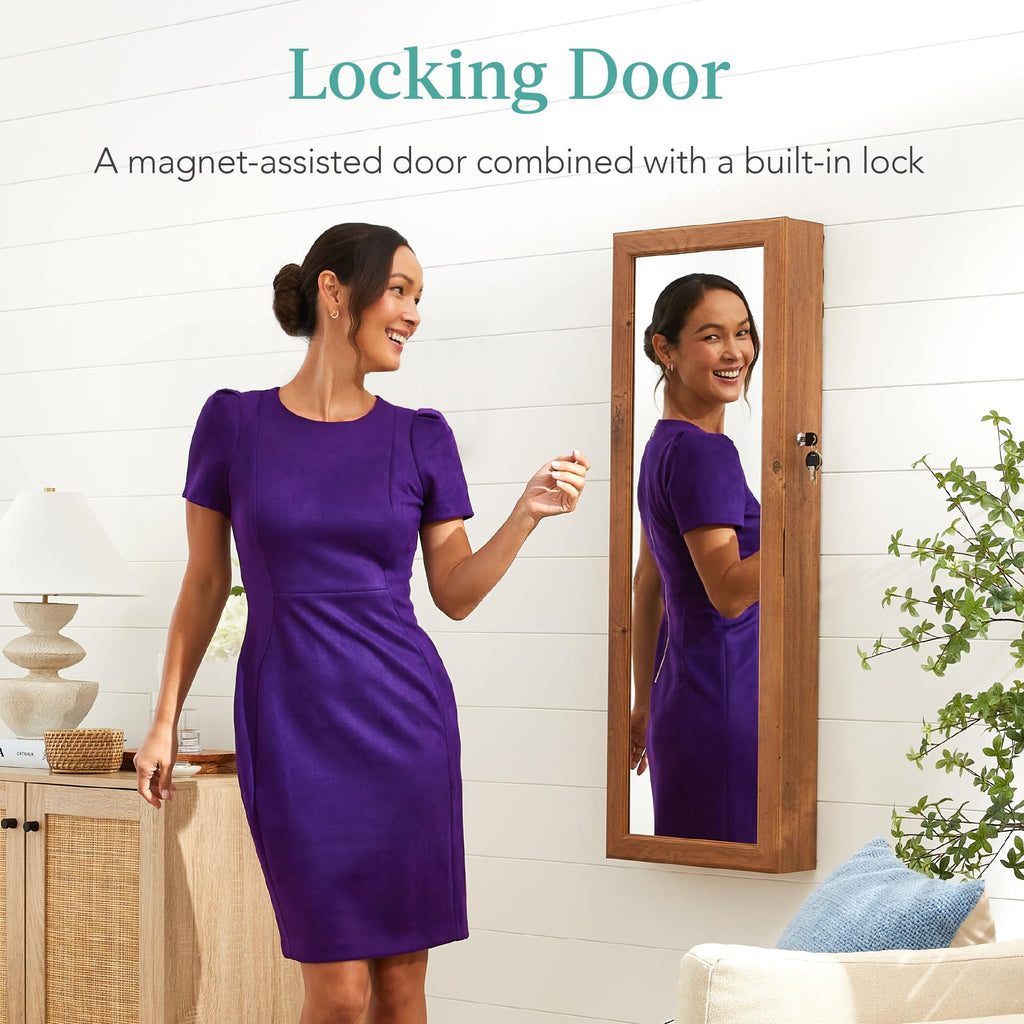 LED Mirror Jewelry Cabinet, Tall Lockable Wall or Door Mounted Jewelry Armoire Organizer with Mirror, 2 Drawers