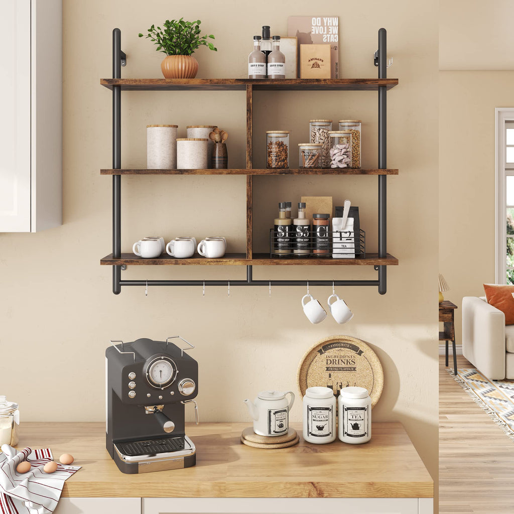 41.5" Floating Shelves for Wall 3 Tier Kitchen Shelves Wall Mounted Coffee Bar Shelf Hanging Shelf with 8 Hooks