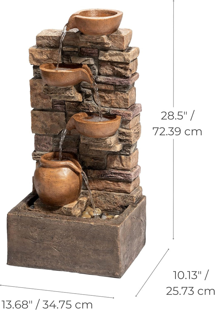 28.5" Outdoor 4-Tier Stacked Stone Cascading Water Fountain with LED Lights, Brown