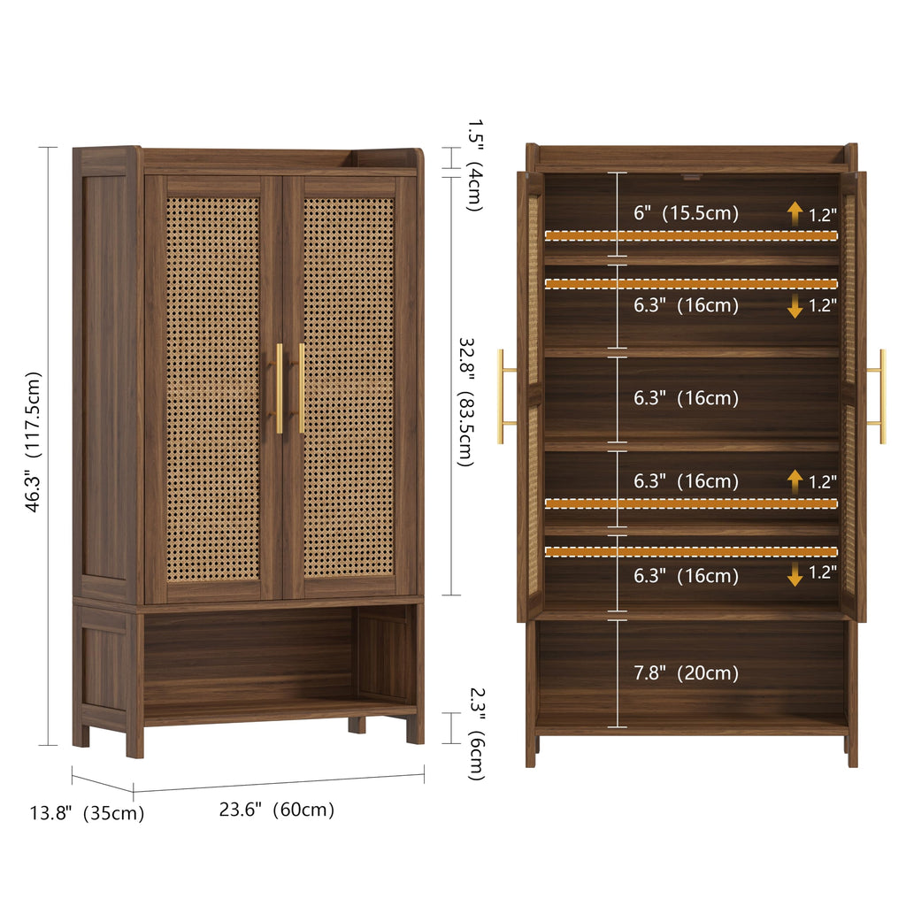 Rattan Shoe Cabinet with Doors & Adjustable Shelves, Walnut